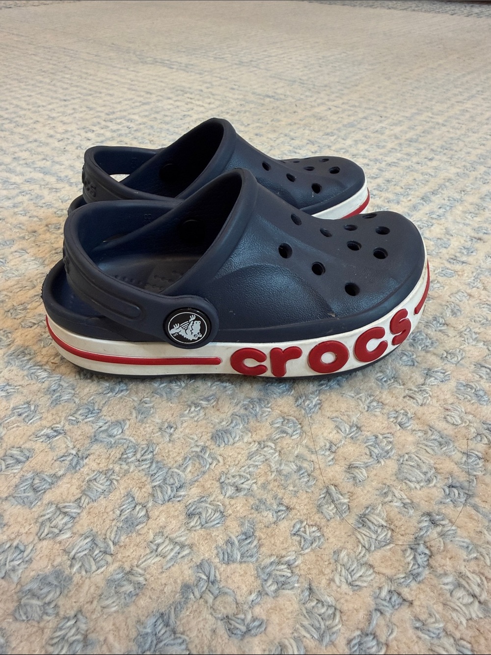 CROCS Kids Navy Clogs with Red and White Trim